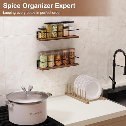 Spice Rack Self-Adhesive or drilling, Rustic Style Hanging Spice Rack, Spice Organization for Cabinet Door or Wall Mount, Over The Stove, Kitchen Wall, 2-Pack