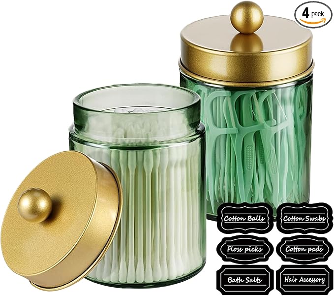 Amolliar 2Pc Glass Qtip Dispenser Holder Bathroom Vanity Storage Organizer Set -Countertop Canister with Metal Lids &Stickers Apothecary Jars for Cotton Swab, Floss Picks(Green-golden Lid)