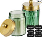 Amolliar 2Pc Glass Qtip Dispenser Holder Bathroom Vanity Storage Organizer Set -Countertop Canister with Metal Lids &Stickers Apothecary Jars for Cotton Swab, Floss Picks(Green-golden Lid)