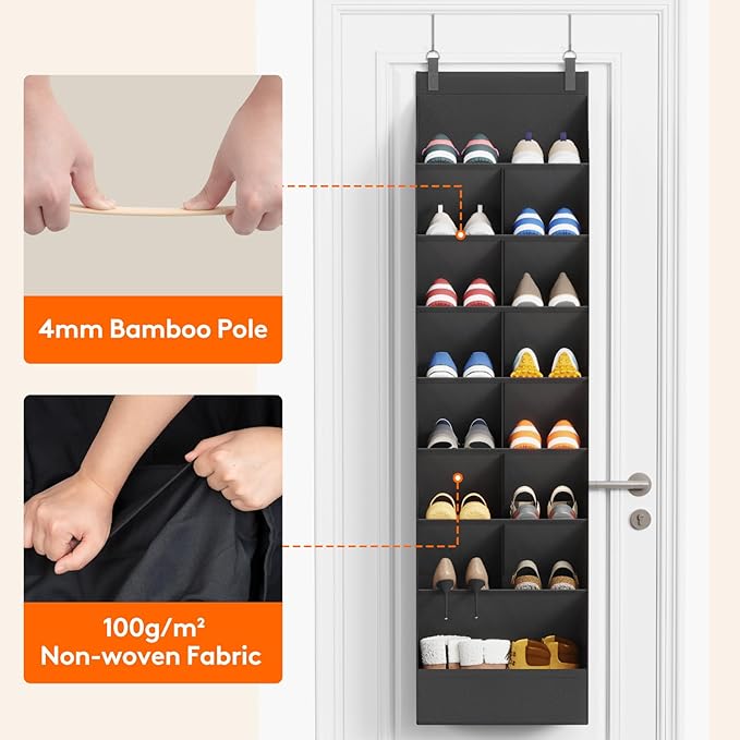 Lifewit 8 Tier Over the Door Shoe Organizer with 15 Large Deep Pockets, Fabric Hanging Shoes Shelf for Closet, Dorm Storage, Fit Up to 16 Pair Shoe Rack Holder for Sneakers, Boots, Black