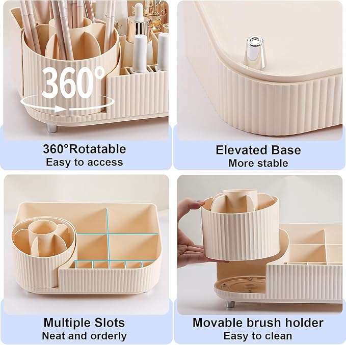 DASITON Large Capacity Makeup Organizer with 360° Rotating Makeup Brush Holder, Multi-Compartment Skincare and Cosmetic Storage for Vanity, Bathroom Countertop, Dresser, Desktop Storage Box (Cream)