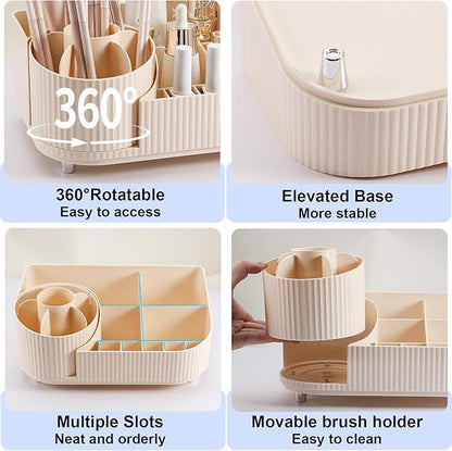 DASITON Large Capacity Makeup Organizer with 360° Rotating Makeup Brush Holder, Multi-Compartment Skincare and Cosmetic Storage for Vanity, Bathroom Countertop, Dresser, Desktop Storage Box (Cream)