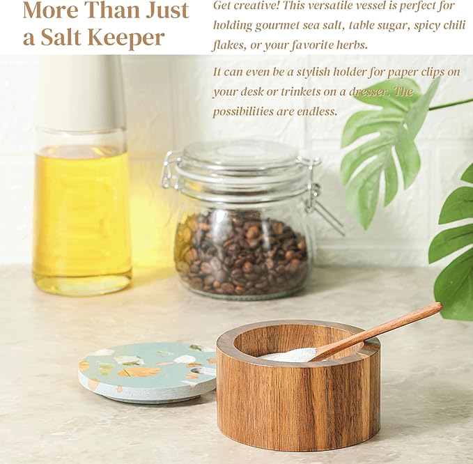 Wooden Salt Cellar with Marble Lid,Salt Container Box Bowl for Countertop,Elegant Salt Holder Jar Dish with Spoon,Kitchen Seasoning Containers for Salt Pepper Sugar Spice Storage,6OZ