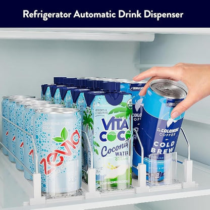 OnDisplay Drink Can Organizer for Fridge - White Automatic Pusher Glide, 12oz 16oz 20oz Soda Dispenser for Refrigerator - Holds up to 15 cans or 12-12 ounce cans.