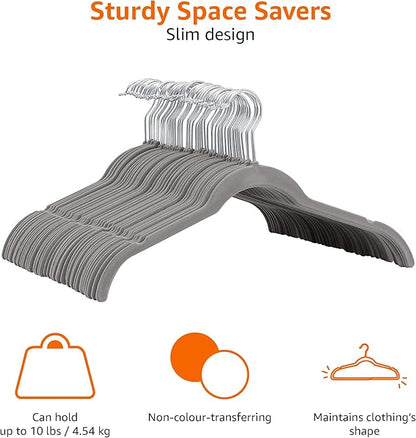 Amazon Basics Space Saving Slim Velvet Non-Slip Clothes Hangers for Closet Organization, Gray/Silver, 30-Pack