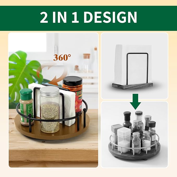 Napkin Holder for Table,360° Rotating Lazy Susan Turntable Organizer for Cabinet,9 inches Kitchen Table Decor&Counter Tray Can Hold Salt and Pepper Shakers (Walnut Brown)