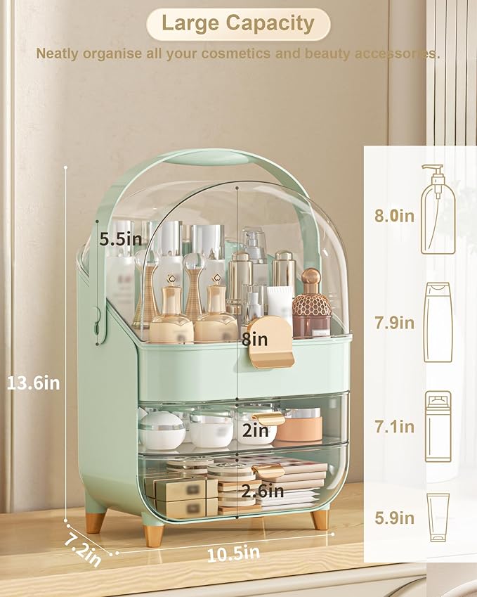 Makeup Organizer Countertop, Skincare Holder Bathroom Counter Organizer, Storage Box Cosmetic Display Cases, Teen Girl Gifts Make up Organizers for Vanity, Dresser (Green)