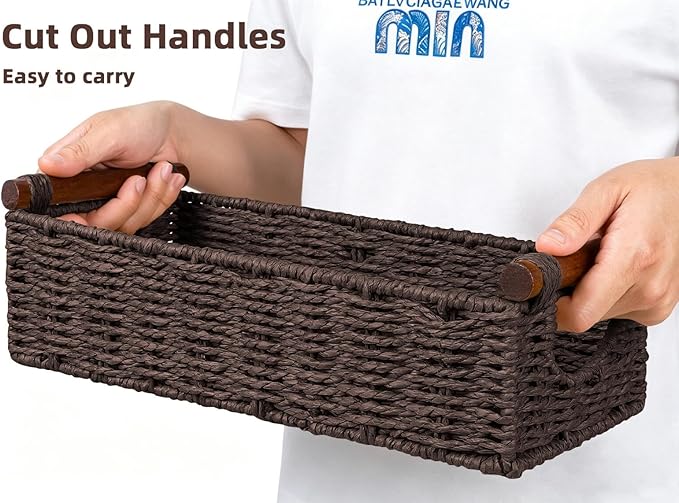 CubesLand Wicker Toilet Storage Basket Tray Organizer W/Cut Out Handle, Slim Decorative Basket for Countertop, Shelves And for Versatile Home Decor, Living Room, Nursery Organization, Brown