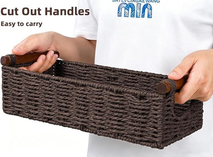 CubesLand Small Wicker Toilet Basket Tray Organizer W/Cut Out Handle, Handwoven Slim Decorative Basket for Countertop, Shelves And for Rustic Home Decor, Living Room, Nursery Organization, Brown