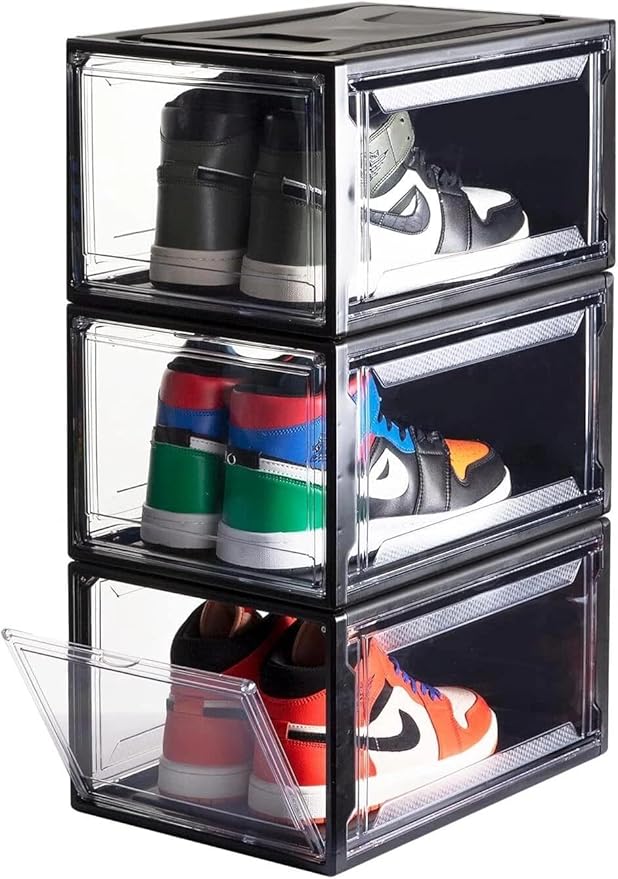 for 3pcs Magnetic Door Shoe Box Drop Front Clear Plastic Stackable Storage Bin Large