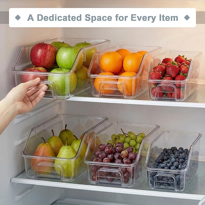 LemonRoad 6 Packs Pantry Organizers and Storage Freezer Clear Organizer Bins with Handle Acrylic Organization Bins Stackable Open Front Storage Vegetable Egg Salad Containers for Kitchen Cabinet