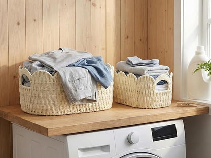 Coeusy Paper Rope Scalloped Basket Set of 2,Hand-woven Storage Baskets for Shelves,Nursery,Books,Toys,Cute Boho Decor Baskets for Organizing,White