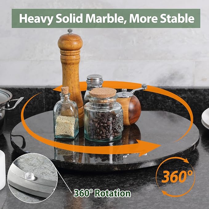 Marble Lazy Susan, 16 in Lazy Susan Turntable Organizer for Cabinet Pantry Kitchen Countertop Fridge Bathroom Makeup Vanity Countertop - Black