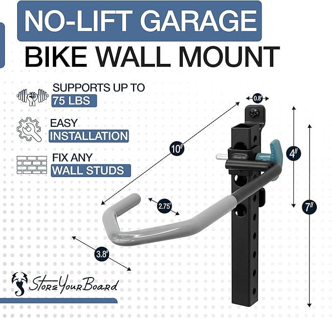 StoreYourBoard WheelRest Bike Hook, No-Lift Garage Bike Wall Mount 75lbs Max Load, Fits All Bikes, Vertical Bicycle Storage Rack, Adjustable Bike Hanger for MTB, Road, eBike, 1 Pack