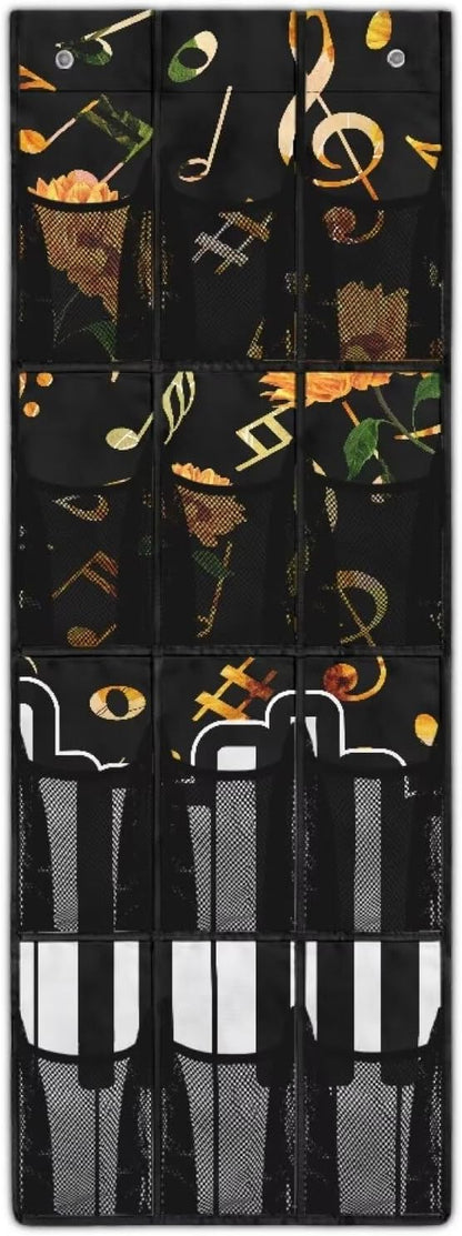 Over The Door Shoe Organizer with 12 Mesh Pockets, Hanging Storage Organizer for Toys Closet Door Hanging Shelf Storage for Bedroom Bathroom,Music Note
