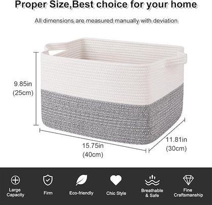 OIAHOMY Woven Storage Basket for Shelves, Rectangle Cotton Rope Baskets for Organizing, 16 x 12 x 10 in, Storage Bins for Dog Toys,Towel,Books,Gift,Grey and White