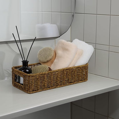 Basket for Toilet Paper Storage, Waterproof Wicker Baskets for Bathroom Counter Organizer, Small Storage Basket for Organizing Countertop Bathroom Bedroom Toilet Tank (Dark Brown)