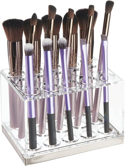 mDesign Plastic Makeup Brush Storage Organizer with 15 Slots for Bathroom Countertop, Vanity to Hold Eye/Lip Pencils, Lip Gloss, Liners, Lipstick - Clear/Brushed