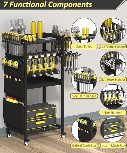 4-Tier Rolling Power Tool Organizer Storage Cart, Garage Organization on Wheels Tool Cart with Drill Set Rack Shelf, Mechanic Utility Cart for Workbench & Outdoors Working, Gift for Men Dad