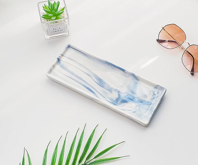 9.2" Porcelain Small Bathroom Tray, Ceramic Countertop and Vanity Tray for Cosmetics, Perfume, Jewelry, Candle - Soap Tray for Kitchen Counter (Blue)