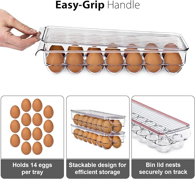 Sorbus Soda Can Organizer for Refrigerator & Egg Holder for Fridge Set, 1 Stackable Can Holder Dispenser Holds 12 Cans Each & 1 Egg Holders with Lid holds 14 eggs for Fridge, Pantry, Freezer, BPA-Free
