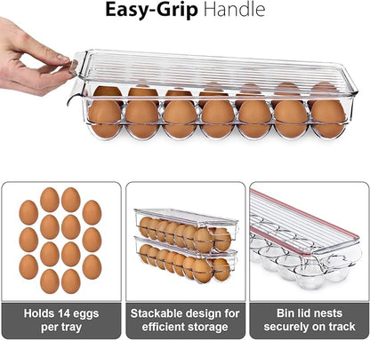 Sorbus Soda Can Organizer for Refrigerator & Egg Holder for Fridge Set, 2 Stackable Can Holder Dispenser Holds 12 Cans Each & 2 Egg Holders with Lid holds 14 eggs for Fridge, Pantry, Freezer, BPA-Free