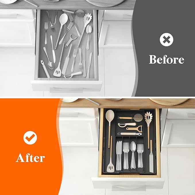 Lifewit Silverware Drawer Organizer, Expandable BPA Free Utensil Tray for Kitchen, Adjustable Flatware and Cutlery Holder, Plastic Storage for Spoons Forks Knives, 8.9-14.2 x 11.3-19.4 x 1.7, Black