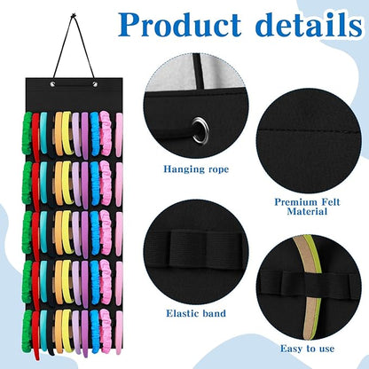 Tudomro Hanging Headband Holder for Girls Felt Hair Accessories Organizer with 60 Elastic Bands Bow Hanger for Girls Hair Bows Without Headbands(Black,Plain Style)