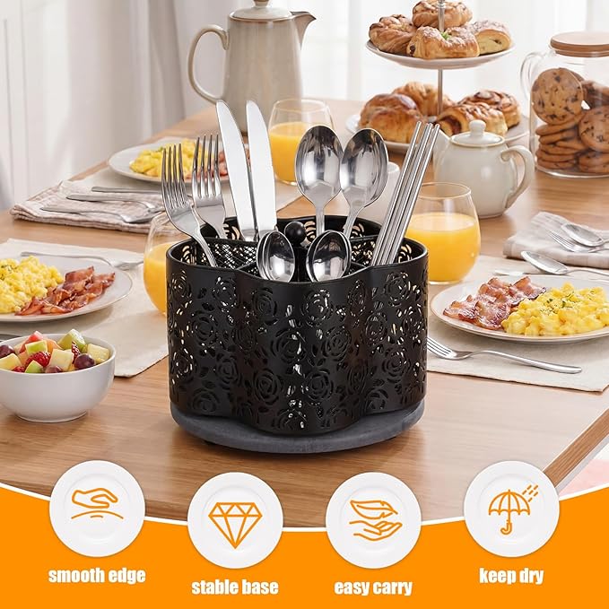 360 Degree Rotating Utensil Caddy Silverware Cutlery Caddy Holder with 5 Compartment Kitchen Countertop Organizer for Spoon Fork Flatware Storage for Home or Outdoor Picnic Camping(Black)
