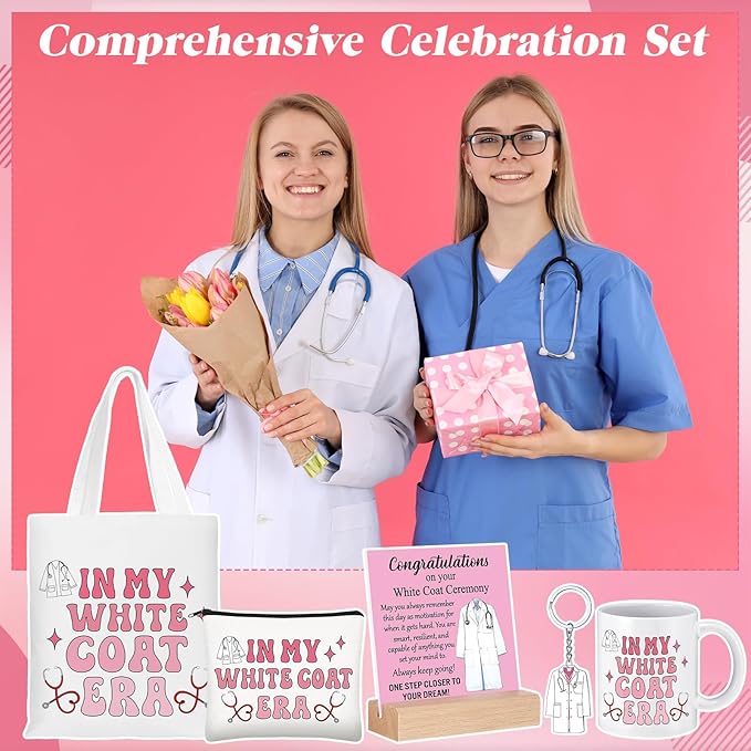 Gerrii 6 Pcs White Coat Ceremony Gifts for Women Medical Student Include First White Coat Hanger Mugs Pink Tote Bag Makeup Bag Keychain Ceremony Sign for Med School Pharmacist New Doctor