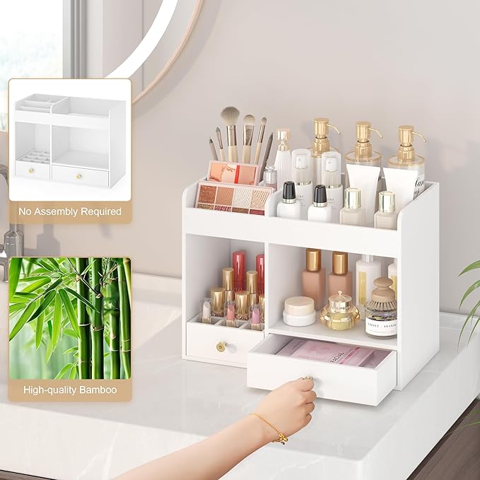 Large Makeup Organizer with Drawers, Bamboo Countertop Cosmetic Storage for Dresser Vanity Organizer Beauty Desk Skincare Holders Container Make Up Organizing for Lipstick