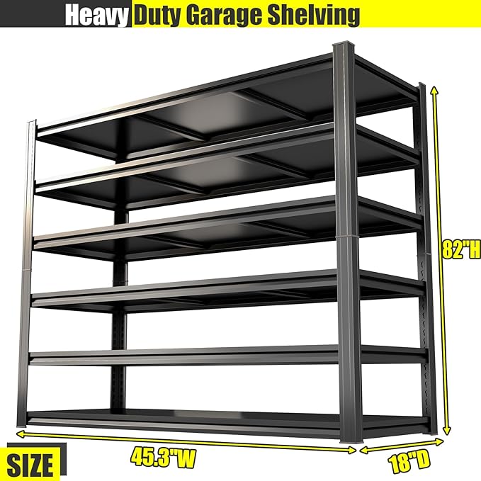 Heavy Duty Garage Shelving Unit, 6-Tier Adjustable Metal Storage Shelves, 3600LBS Utility Rack Shelf for Garage & Basement,Tool Organization, Warehouse, Pantry Closet, Kitchen, 45.3" W, Black