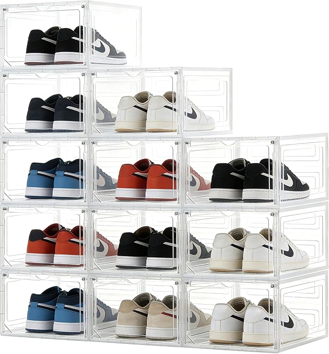 X-Large Shoe Storage Boxes Organizers Clear Plastic 12 Pack, Shoe Rack & Holder Sneaker Container with Magnetic Doors - Display Case Fit Size 12, Easy Assembly