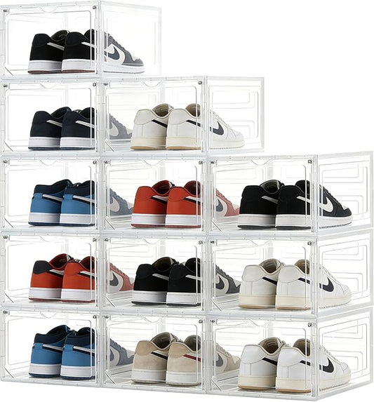 X-Large Shoe Storage Boxes Organizers Clear Plastic 12 Pack, Shoe Rack & Holder Sneaker Container with Magnetic Doors - Display Case Fit Size 12, Easy Assembly