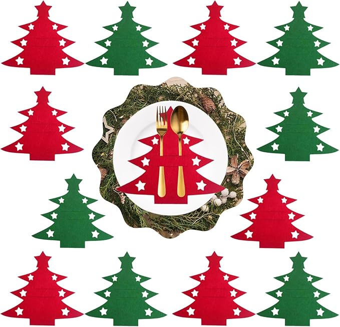 12pcs New Christmas Tree Cutlery Knife And Fork Cover Table Decoration Cutlery Holder Knife Folk Holder Pockets Felt Tableware (12PCS Christmas Tree Cutlery Holder - 6Red+6Green)