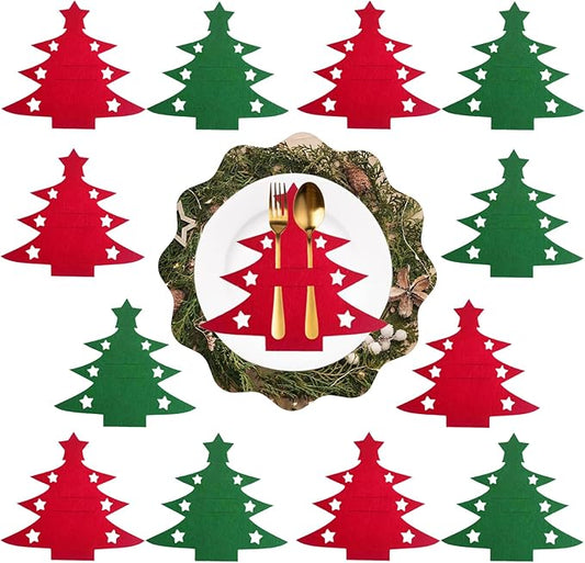 12pcs New Christmas Tree Cutlery Knife And Fork Cover Table Decoration Cutlery Holder Knife Folk Holder Pockets Felt Tableware (12PCS Christmas Tree Cutlery Holder - 6Red+6Green)
