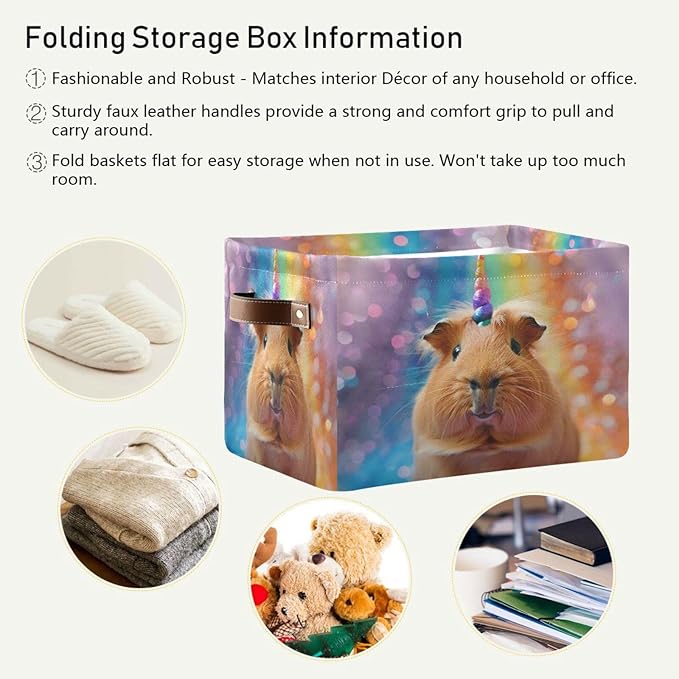 Large Storage Basket Rainbow Guinea Pig Unicorn Storage Bin Cube Canvas Fabric Organizer Handles Collapsible for Clothes Toys Bedroom Decorative