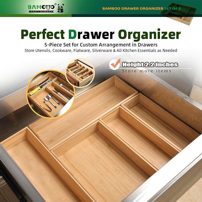BAMOTTO CRAFTBAMBOO Stack Bamboo Drawer Organizer Set of 5, Kitchen Utensil, Flatware&Silverware Organizer-Wood Laminated Stackable for Kitchen, Bedroom, 13.4''x4.5''*2+10.2''x3.3''*2+10.2''x6.7''*1