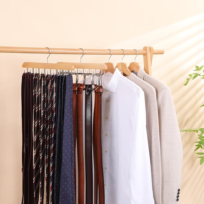 Belt Hanger for Closet, 2 Pack Closet Organizers and Storage Belt Rack Max 48 Belts, Multifunction Wooden Hanger Tie Rack
