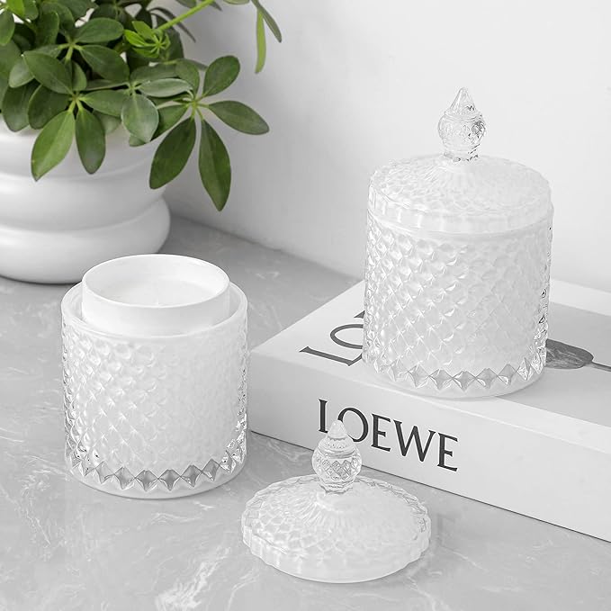 rejomiik 2 Pack Qtip Holder Thick Glass Apothecary Jars with Lid for Bathroom Decor Storage Organizer for Cotton Swabs, Balls, Pads, Floss Picks, Candy, Jewelry, White