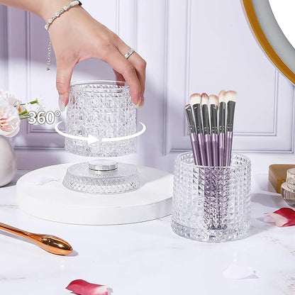 DASITON Makeup Brush Holder Organizer, Crystal Cosmetic Brushes Storage Holder Glass Makeup Organizer, 360° Rotating Make Up Brush Cup for Vanity, Dresser, Bathroom, Pen Pencil Holder for Desk (Clear)