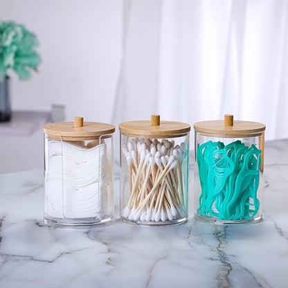3 Pcs Qtip Holder and Cotton Round Pad Dispenser with Bamboo Lid, Small Clear Acrylic Containers for Cotton Swab/ball, Apothecary Jars Set for Bathroom/Restroom/Vanity/Makeup Storage Organizer