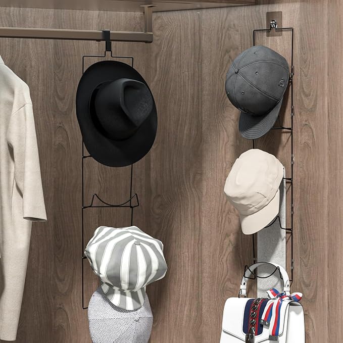 LINFIDITE 10 Pack Hat Rack Hanger Holder Organizer Flexible Multi Hook Wall Mounted Over Door Baseball Cap Display Storage Rack Cap Holder, Closet HangingStorage Rack w Hanging Hook Black