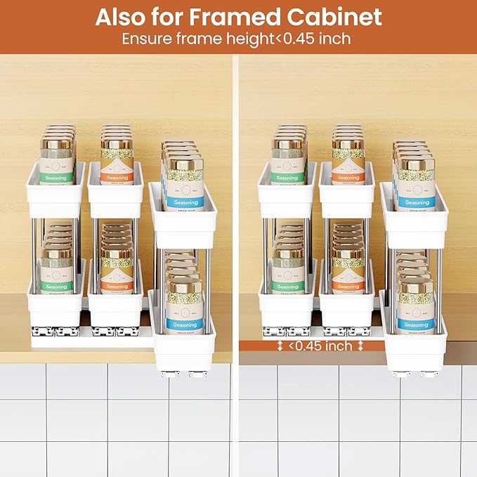 Mystozer Pull Out Spice Rack Organizer for Cabinet, Slide Out Spice Racks Organizer, Easy to Install Spice Cabinet Organizers, 2.3''Wx10.66''Dx8.11''H, 3 Packs-2 Tiers (White)