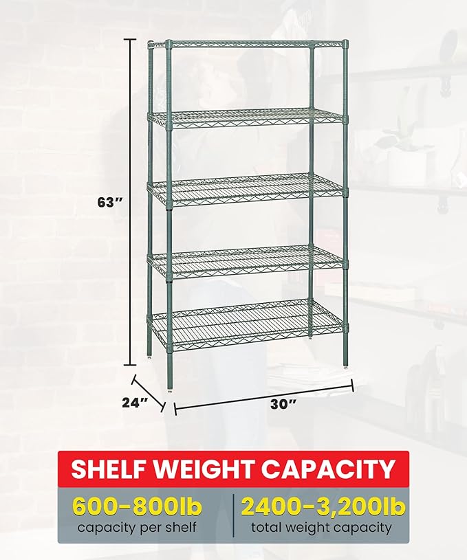 QUANTUM STORAGE SYSTEMS WR63-2430P-5 Starter Kit Wire Shelves Green Epoxy 5 Shelves 63" H x 30" W x 24" D