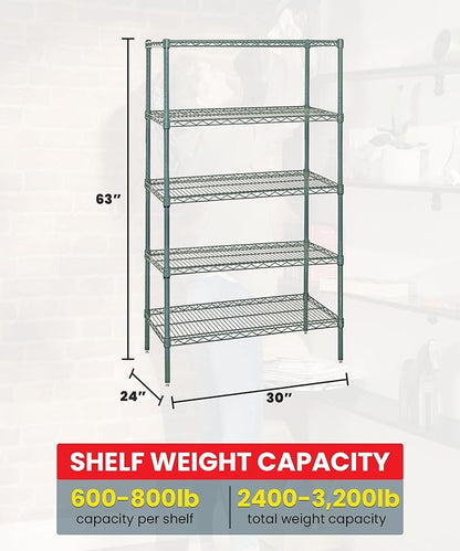 QUANTUM STORAGE SYSTEMS WR63-2430P-5 Starter Kit Wire Shelves Green Epoxy 5 Shelves 63" H x 30" W x 24" D
