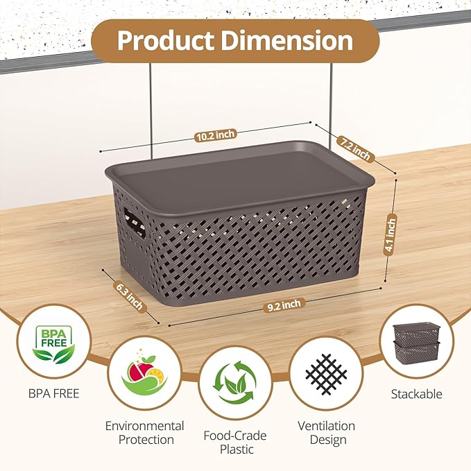 Plastic Storage Bins with Lid, Stackable Small Box Basket for Organizing and Containers for Shelves Drawers Desktop Closet Playroom Pantry Classroom Office Home, 8-pack 10.2x7.2x4.1 Inch, Brown