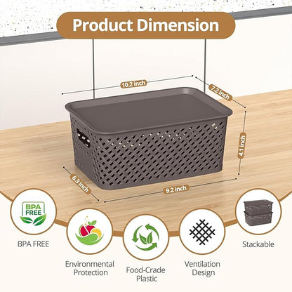 Plastic Storage Bins with Lid, Stackable Small Box Basket for Organizing and Containers for Shelves Drawers Desktop Closet Playroom Pantry Classroom Office Home, 8-pack 10.2x7.2x4.1 Inch, Brown