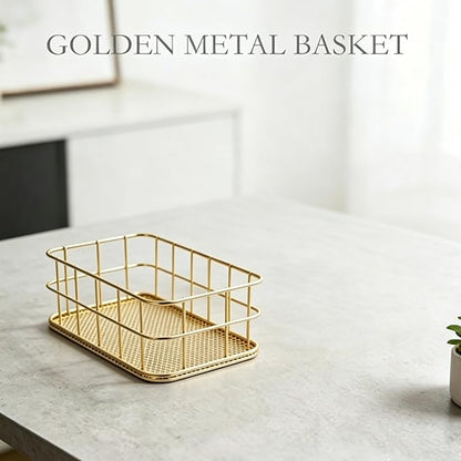 6.8"x4.8" Gold Metal Basket - Wire Mesh Storage Bin for Organizing | Shelf Basket for Home, Desk & Cosmetic Stationery （Pay Attention to Product Dimensions）