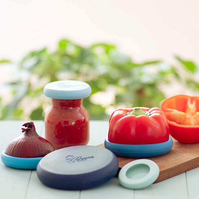 Food Huggers 5pc Reusable Silicone Food Savers | BPA Free | Plastic Free Food Storage | Dishwasher Safe | Fruit & Vegetable Produce Storage for Onion, Tomato, Lemon, Banana & Cans | Round, Ice Blue